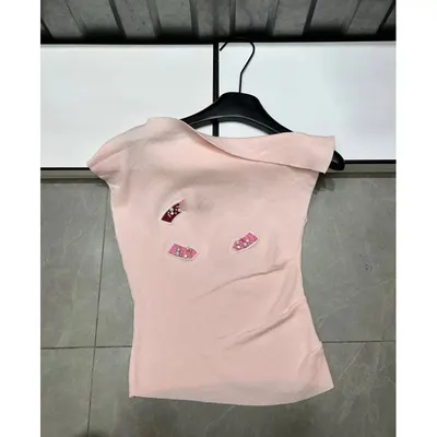 Pink Asymmetric Sleeveless Top With Rhinestone Patches