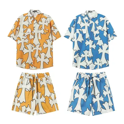 Unisex Hawaiian Shirt And Shorts Set Orange Blue Floral Print