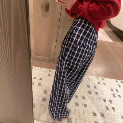 Checked Wide Leg Blue Plaid Pants