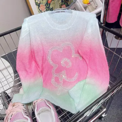 Gradient Pink Green Knit Sweater With Glitter Flower