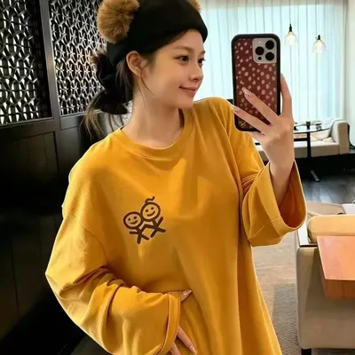 Yellow Long Sleeve T-Shirt With Cartoon Print Casual