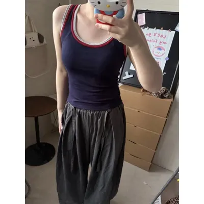Ribbed Tank Top Navy Red Trim Casual Top