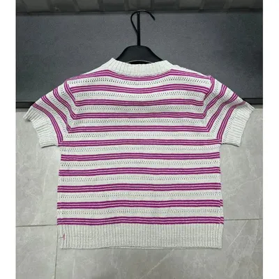 Striped Knit Short Sleeve White And Purple Casual Top