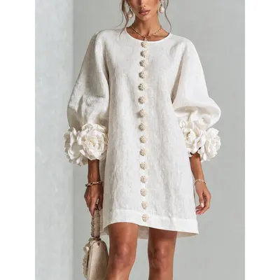 White Linen Floral Sleeve Dress