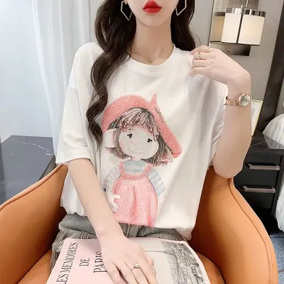 Cute Girl Print White Casual T-Shirt