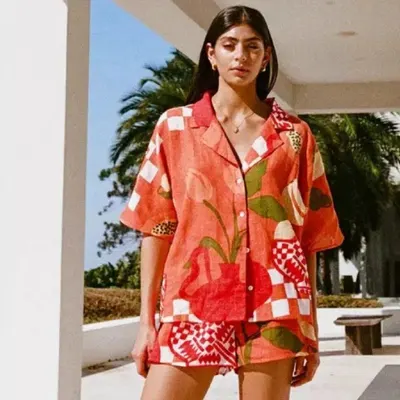 Floral Print Orange Short Sleeve Shirt Set
