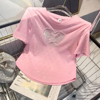 Pink T-Shirt With Glitter Heart Casual Top