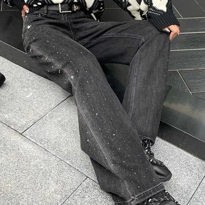 Star Print Black Wide Leg Jeans