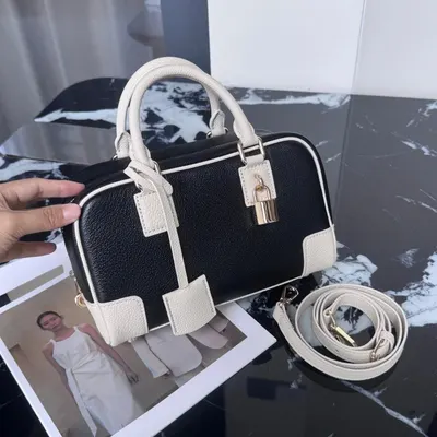 Leather Handbag Black White Classic Tote Bag