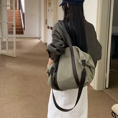 Canvas Shoulder Bag Olive Green Minimalist Tote