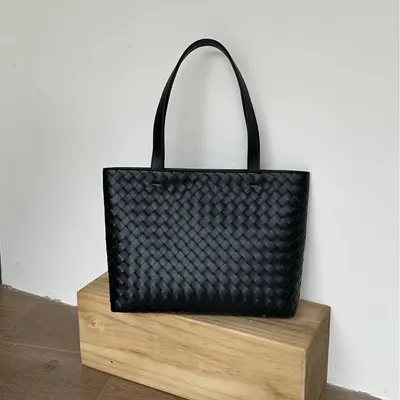 Leather Woven Tote Bag Black Fashion Handbag