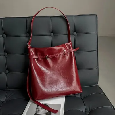 Red Leather Bucket Bag Minimalist Style