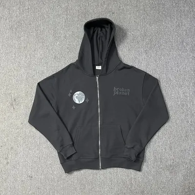 Broken Planet Zip Hoodie Black Casual Sweatshirt