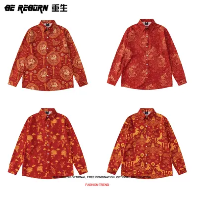 Be Reborn Red Chinese Pattern Long Sleeve Shirt