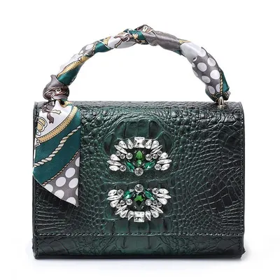 Green Crocodile Texture Handbag With Scarf Handle Embellished