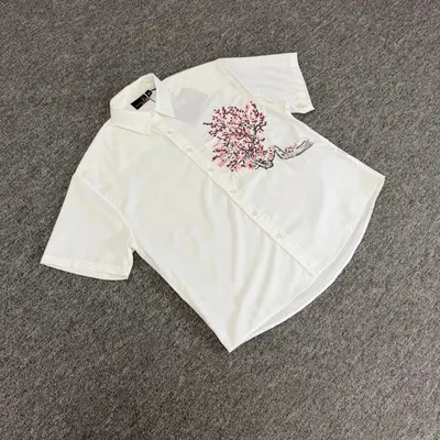 White Short Sleeve Embroidered Floral Shirt