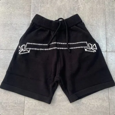 Black Knit Shorts With White Embroidery Casual Style