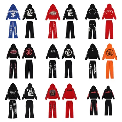 Hellstar Hoodie Set Black Flame Print Casual Wear