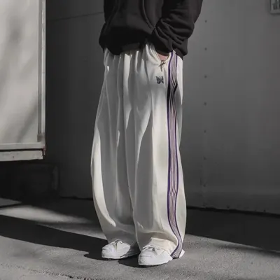 Unisex Wide Leg White Track Pants With Purple Stripes