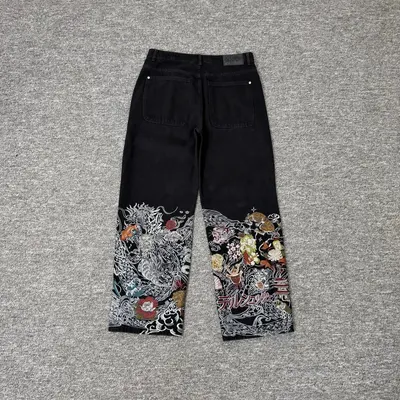 Bape Black Embroidered Japanese Style Pants