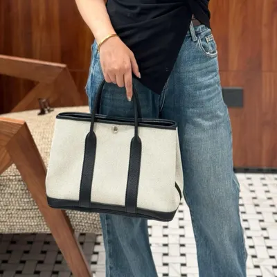 Canvas Tote Bag Beige Black Classic