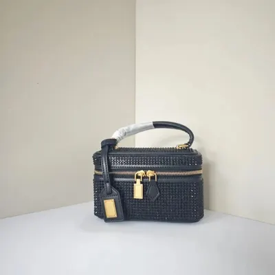 Black Beaded Mini Crossbody Bag With Gold Hardware