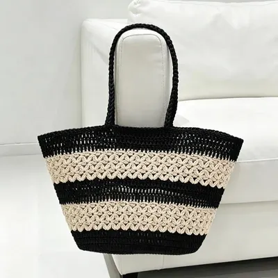 Straw Tote Bag Black And Beige Striped Weave