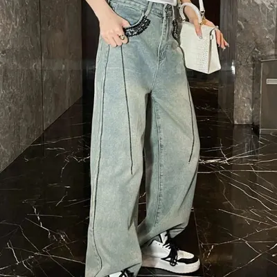 Denim Wide Leg Light Blue Casual Pants