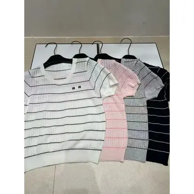 M M Striped Knit Short Sleeve Top White Casual