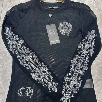 Chicke Head Black Long Sleeve Rhinestone Top